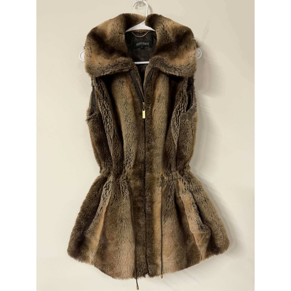Ellen Tracy Womens L Brown Faux Fur Vest Full Zip Drawstring Waist Layering Coat